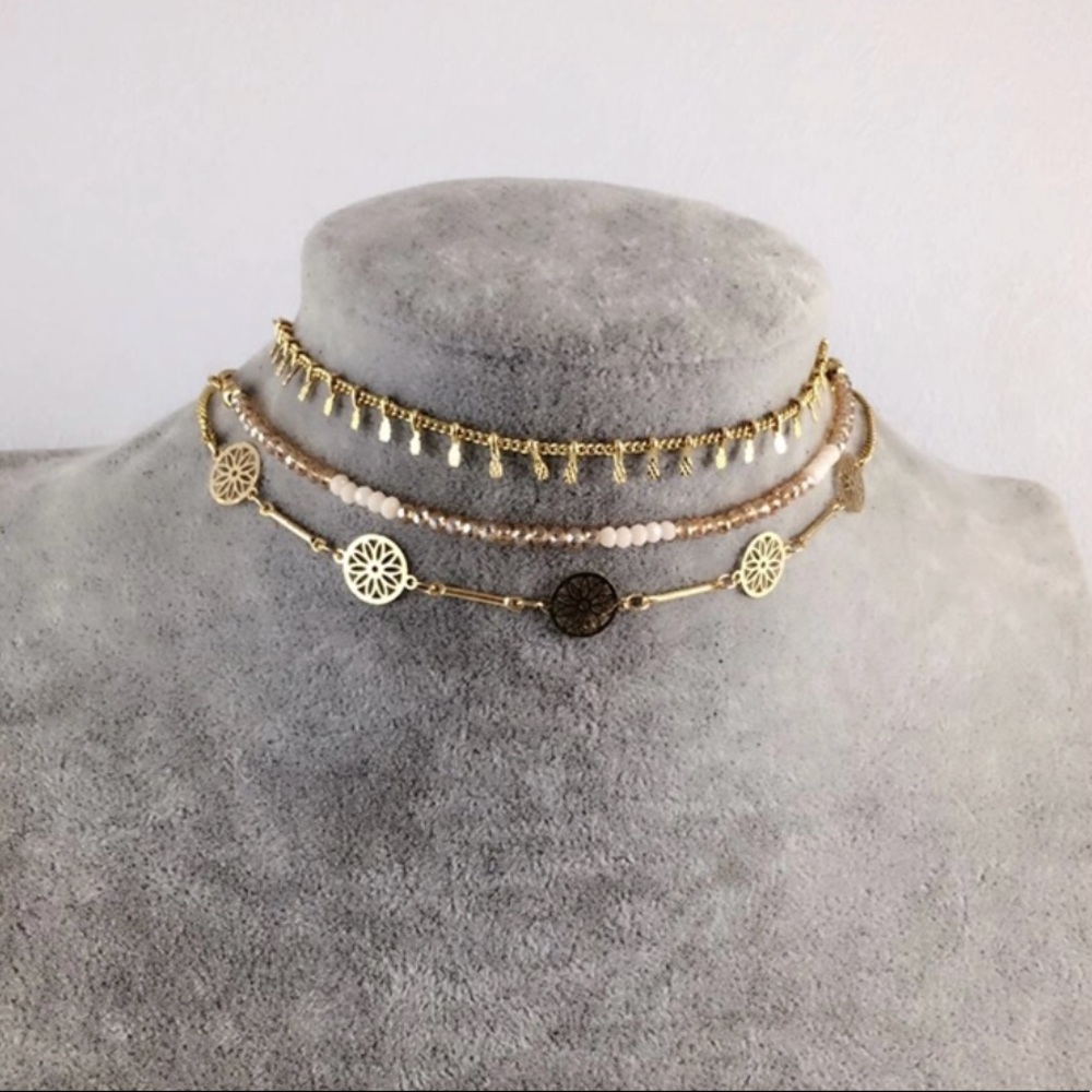 Set of 3 Bohemian Beaded Tribal Gold-Tone Chokers - Picture 7 of 8
